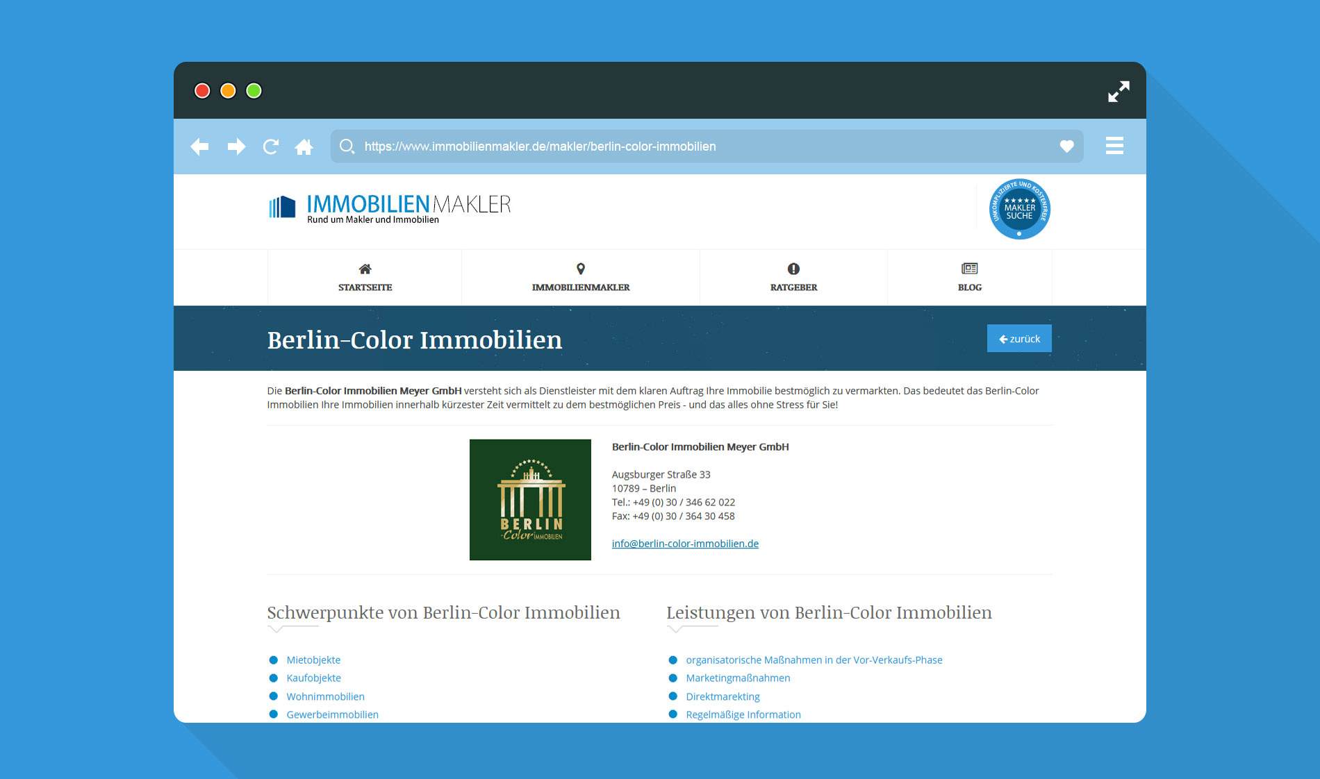 Beispiel der Darstellung Ihrer eigenen Unterseite auf Immobilienmakler.de